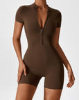 Zip-Front Short-Sleeve Sculpting Jumpsuit