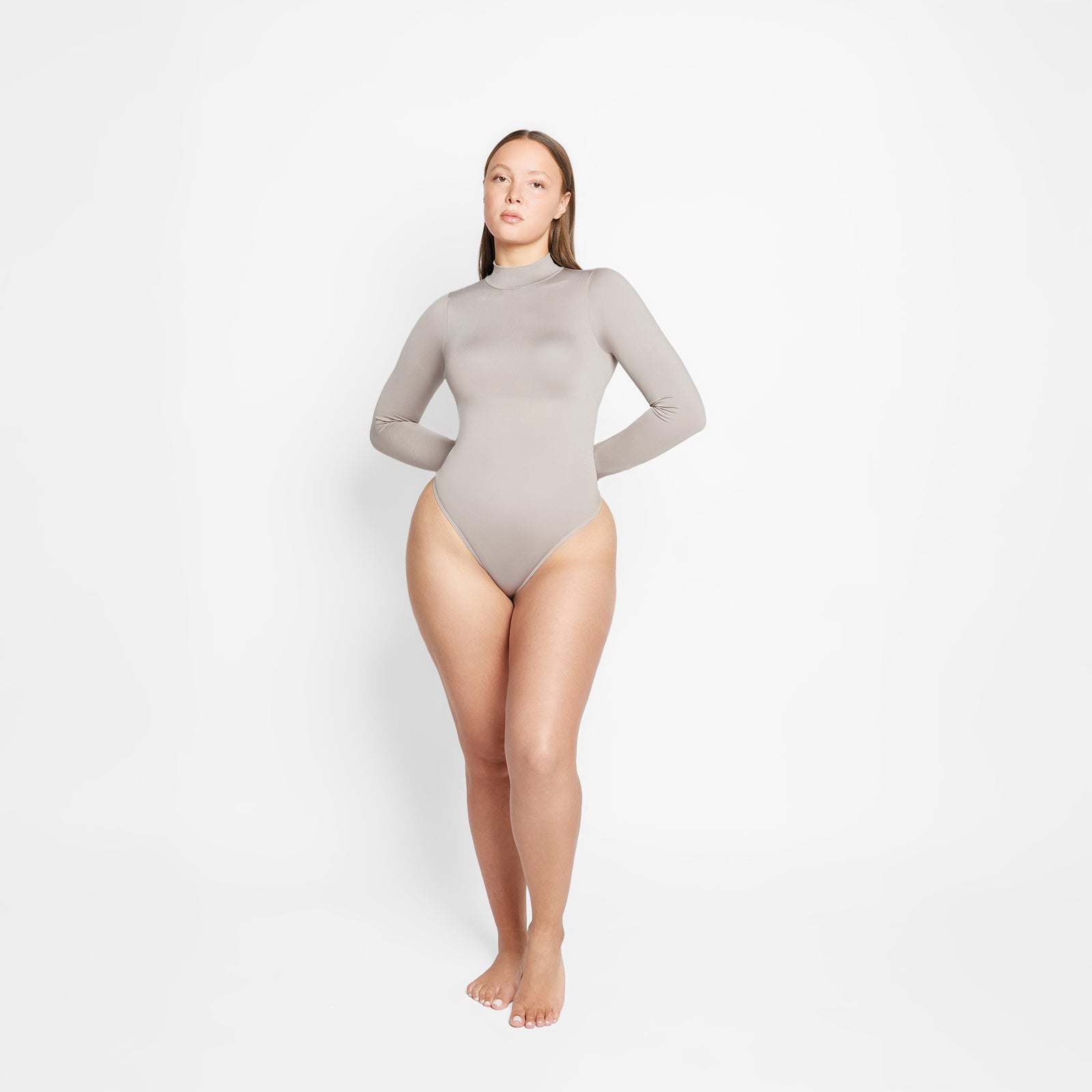 Sara Seamless Long-Sleeve Mock Neck Bodysuit – White Stretch Fit