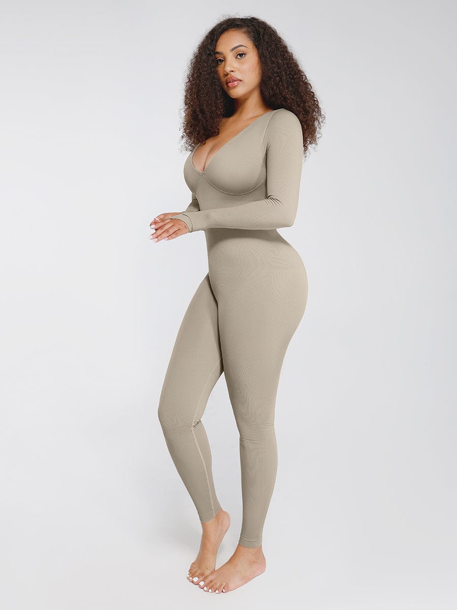 Deep-V Long-Sleeve Seamless Sculpting Jumpsuit