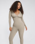 Deep-V Long-Sleeve Seamless Sculpting Jumpsuit
