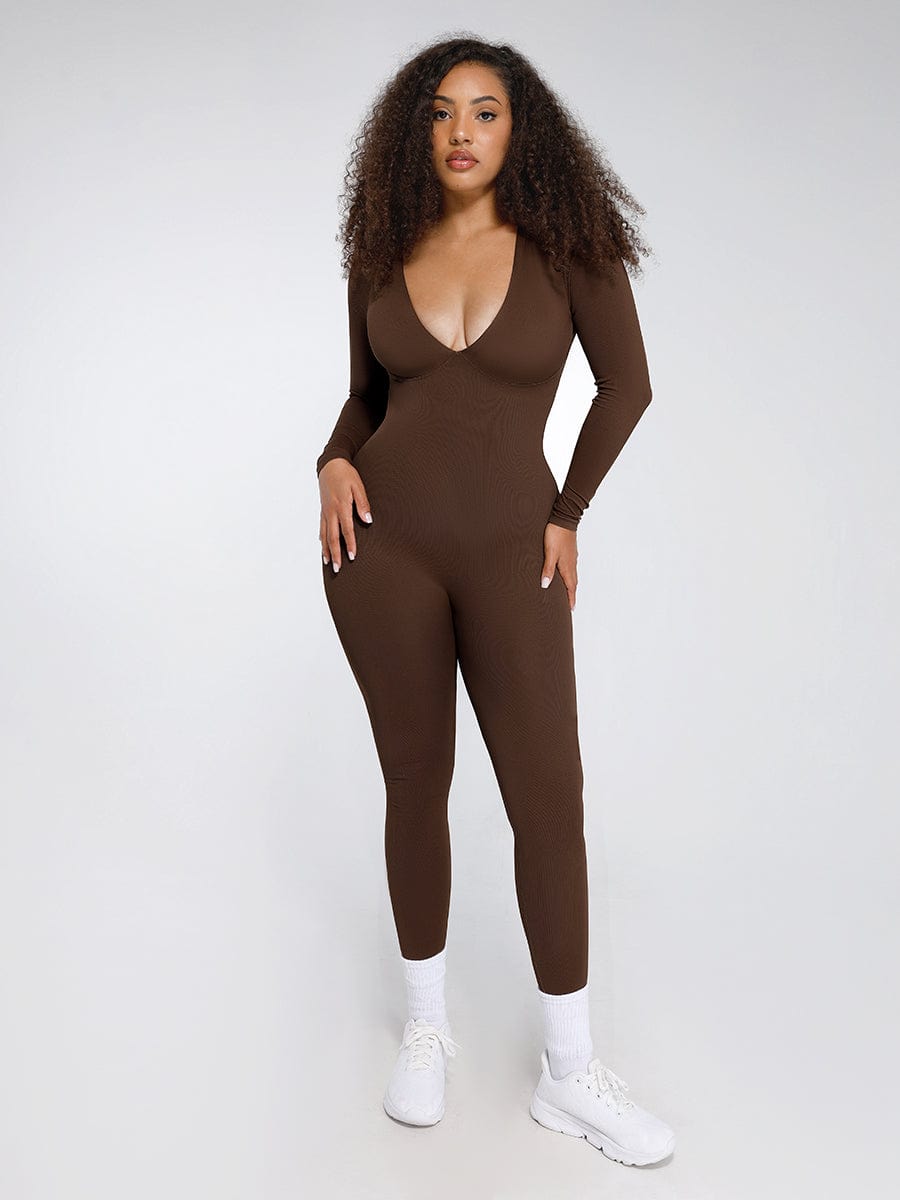 Deep-V Long-Sleeve Seamless Sculpting Jumpsuit
