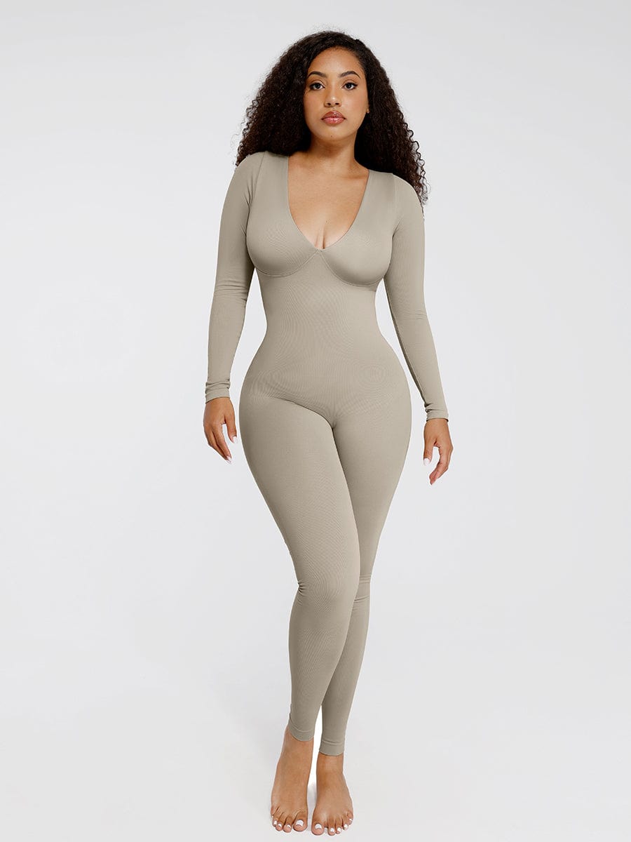 Deep-V Long-Sleeve Seamless Sculpting Jumpsuit