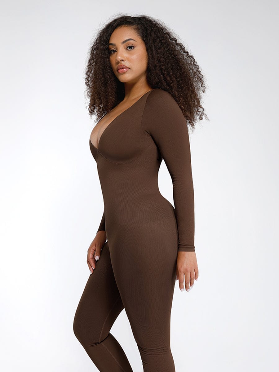 Deep-V Long-Sleeve Seamless Sculpting Jumpsuit