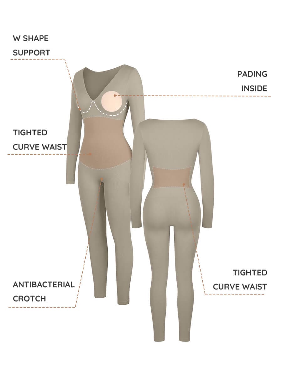 Deep-V Long-Sleeve Seamless Sculpting Jumpsuit