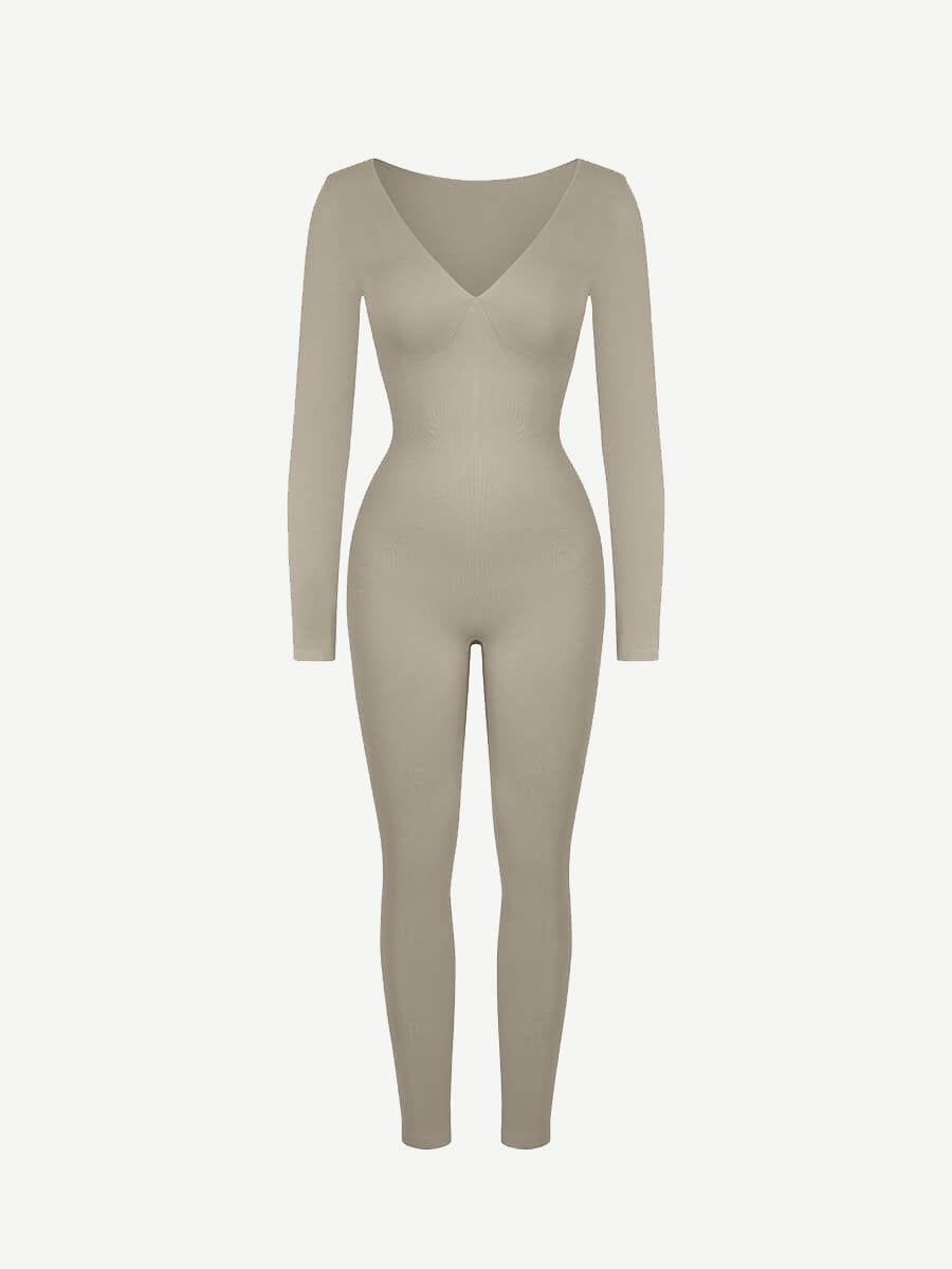 Deep-V Long-Sleeve Seamless Sculpting Jumpsuit