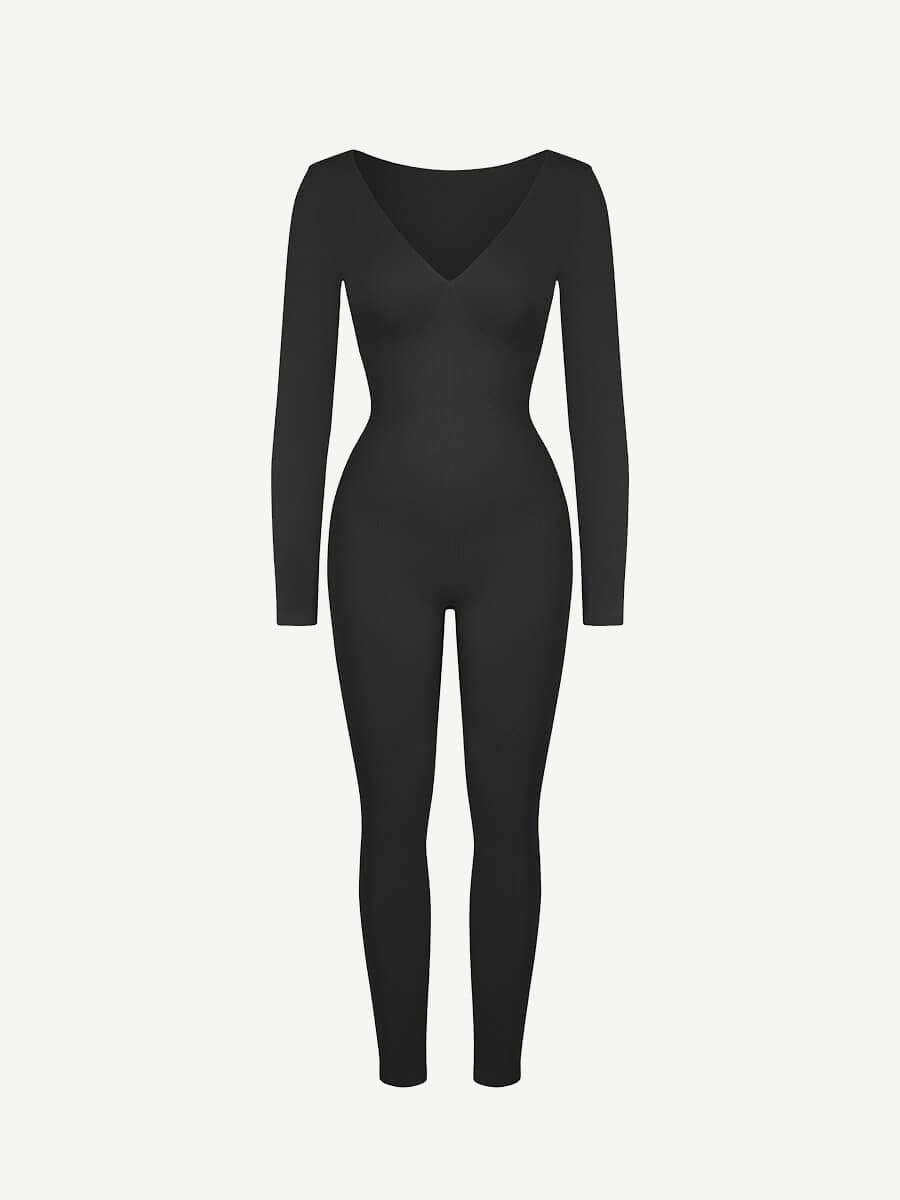Deep-V Long-Sleeve Seamless Sculpting Jumpsuit