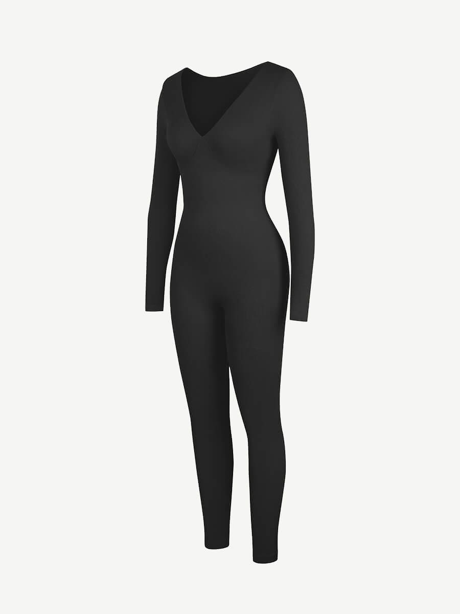 Deep-V Long-Sleeve Seamless Sculpting Jumpsuit