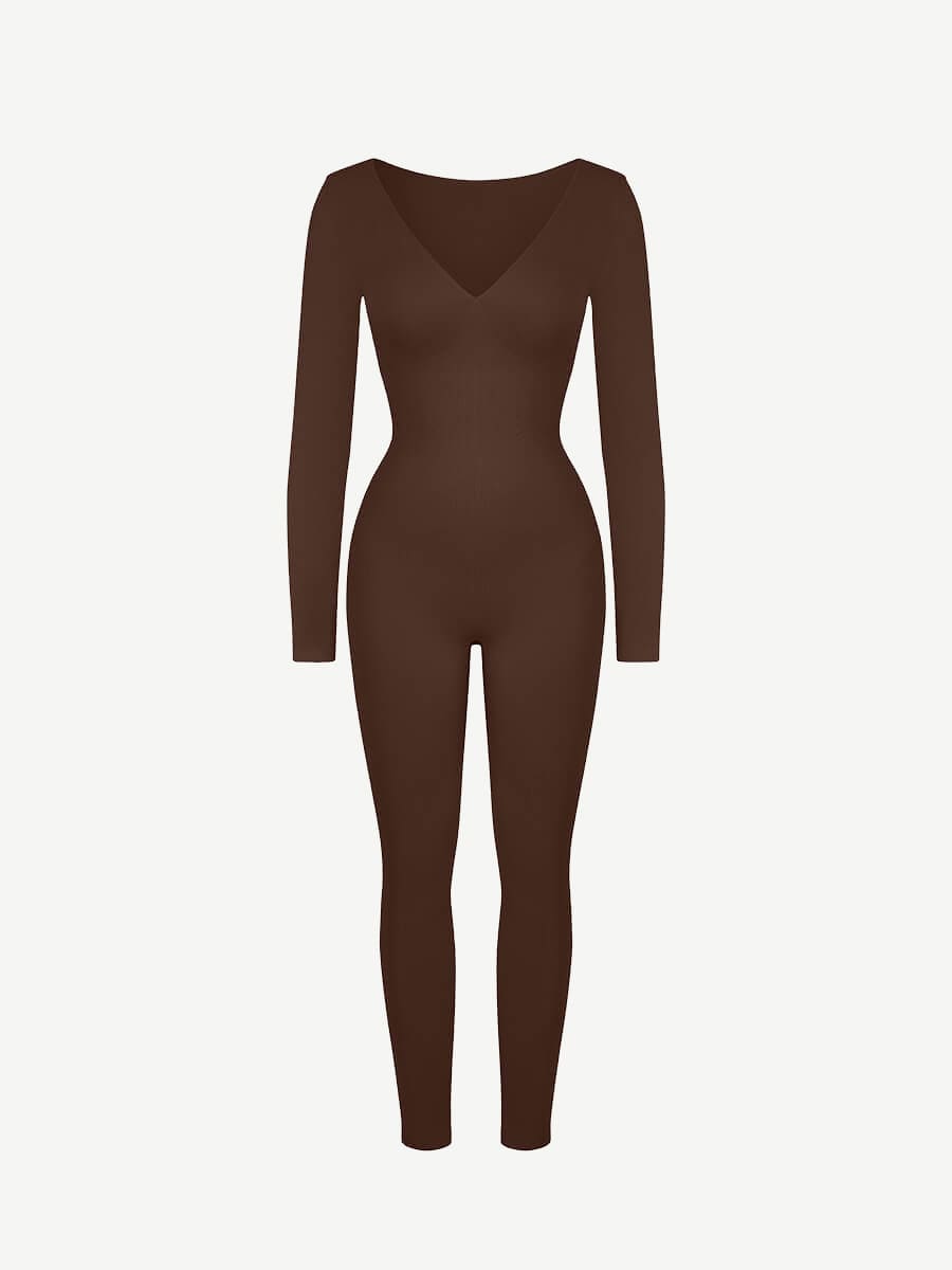 Deep-V Long-Sleeve Seamless Sculpting Jumpsuit