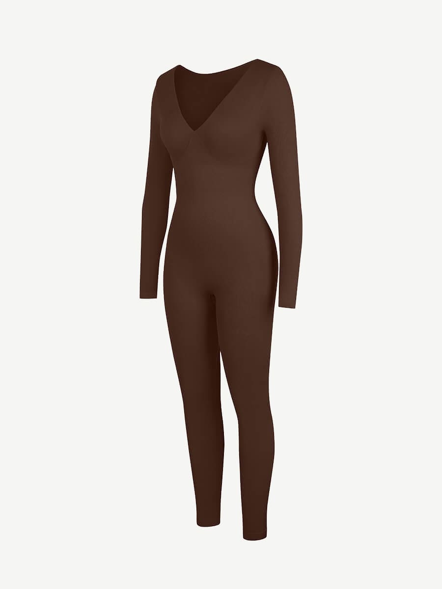 Deep-V Long-Sleeve Seamless Sculpting Jumpsuit