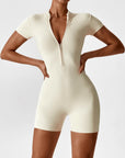 Zip-Front Short-Sleeve Sculpting Jumpsuit
