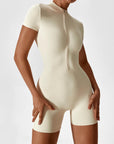 Zip-Front Short-Sleeve Sculpting Jumpsuit