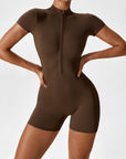 Zip-Front Short-Sleeve Sculpting Jumpsuit
