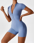 Zip-Front Short-Sleeve Sculpting Jumpsuit
