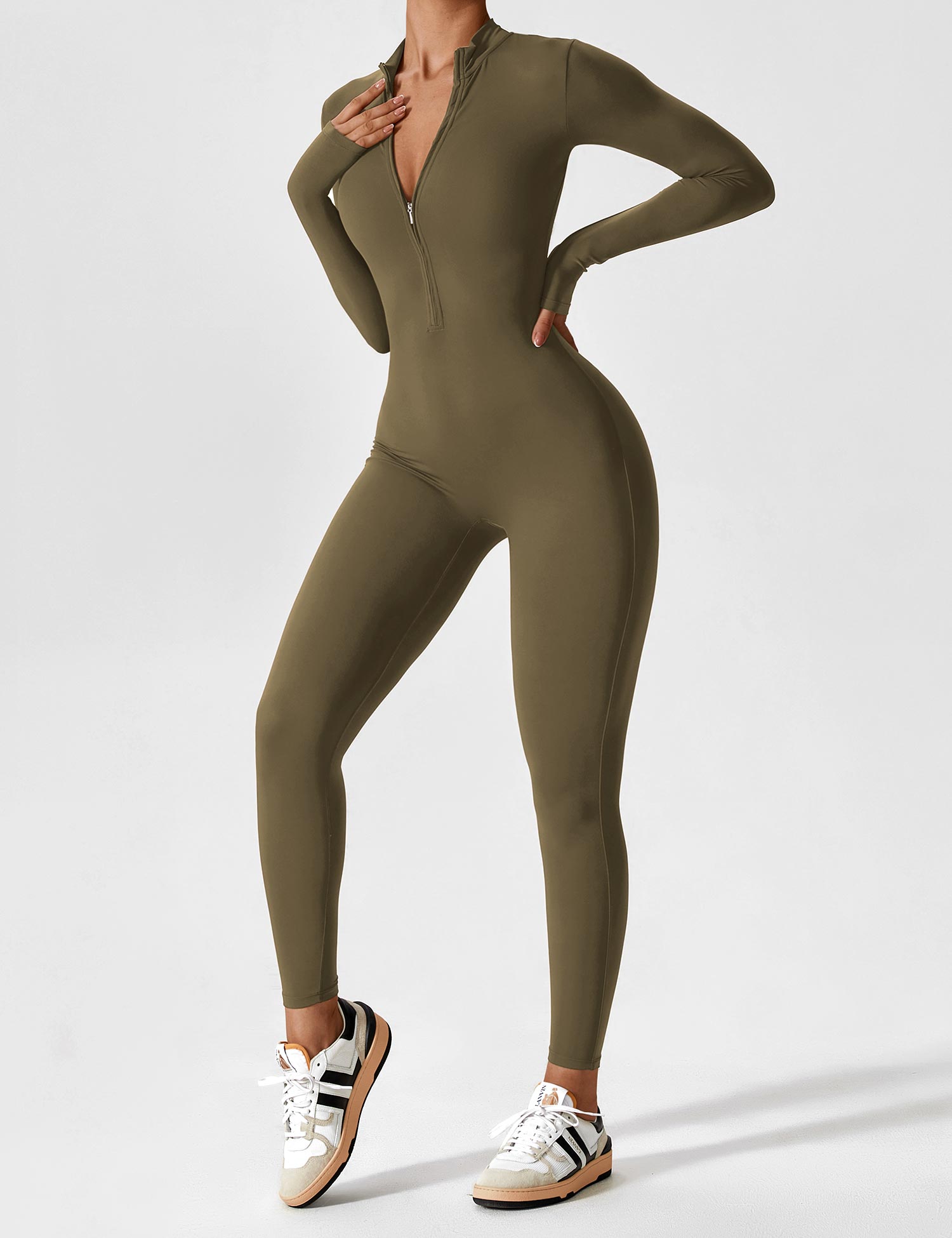 Long-Sleeve Zip-Front Seamless Sculpting Jumpsuit