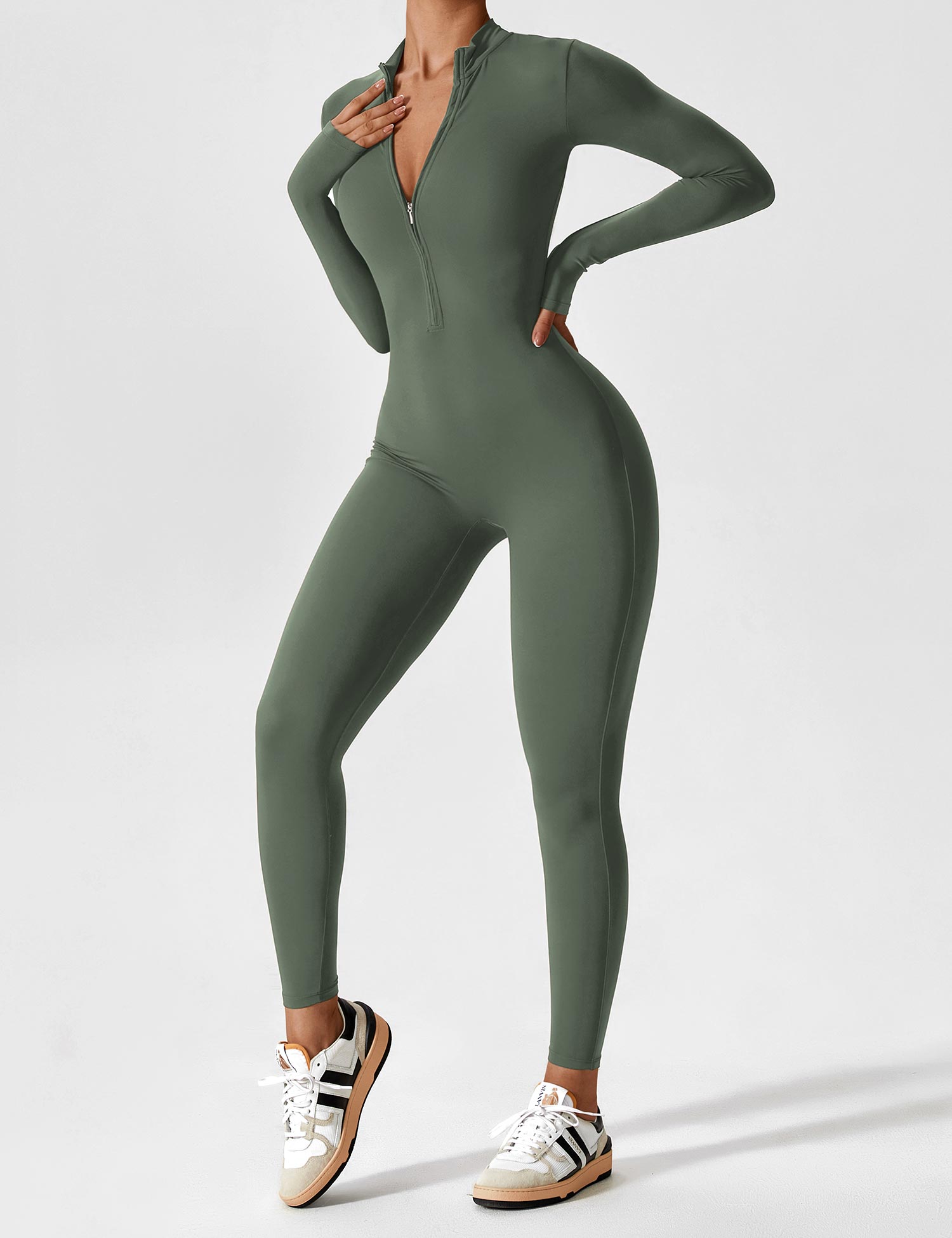 Contour Zip Long-Sleeve Performance Jumpsuit